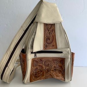 Genuine Leather Backpack carved flowers Mexican